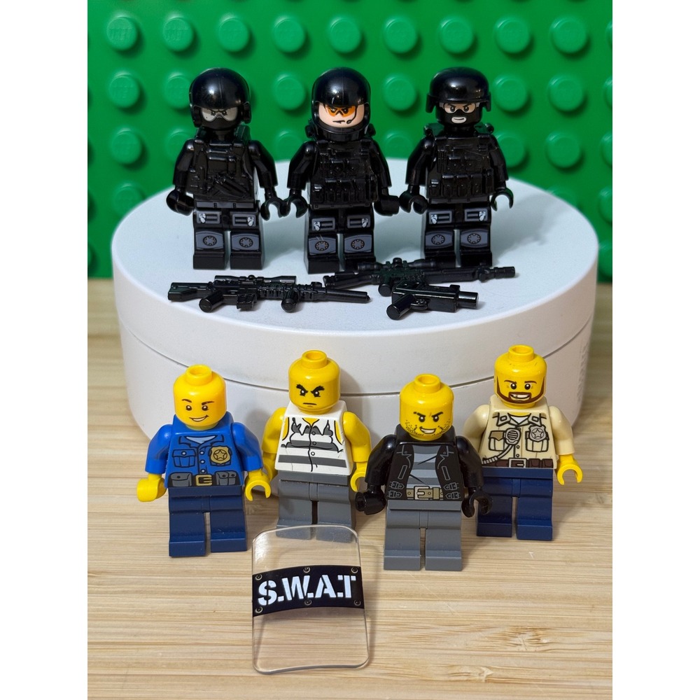 Police and SWAT Tactical Minifigure Lot with Riot Shield and Weapons 7pc Set